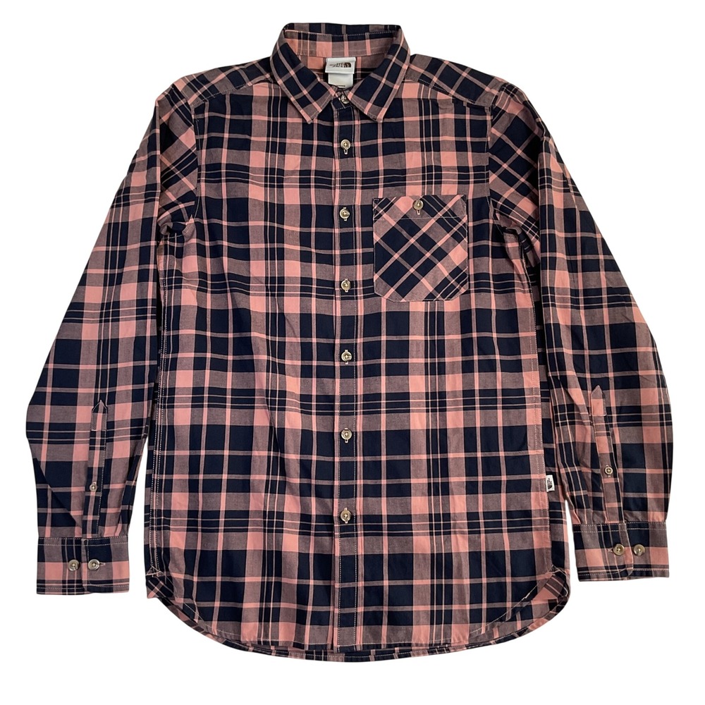The North Face Shirt Mens S Pink Salmon Navy Plaid Long Sleeve Button Up Casual